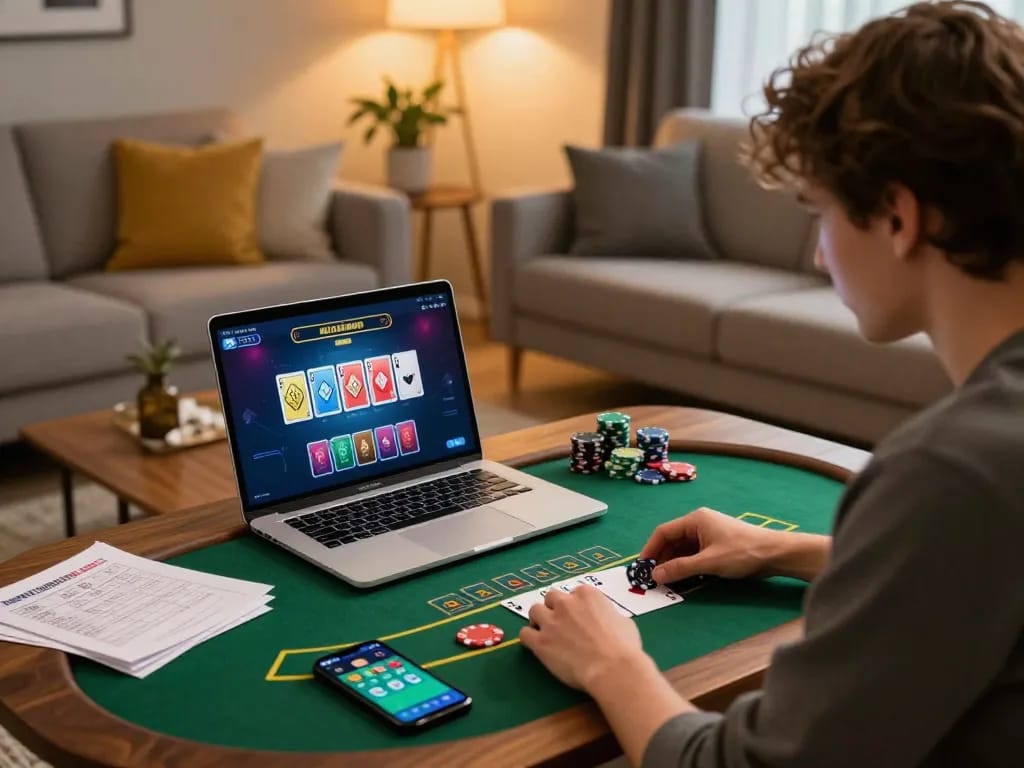 Engaging in blackjack on a laptop at home while exploring vipwin betting strategies.