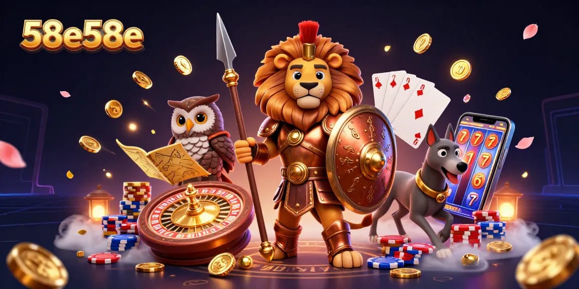 Bet on thrilling moments with 58e58e's animated 3D casino scene showcasing a Spartan lion and gaming elements.