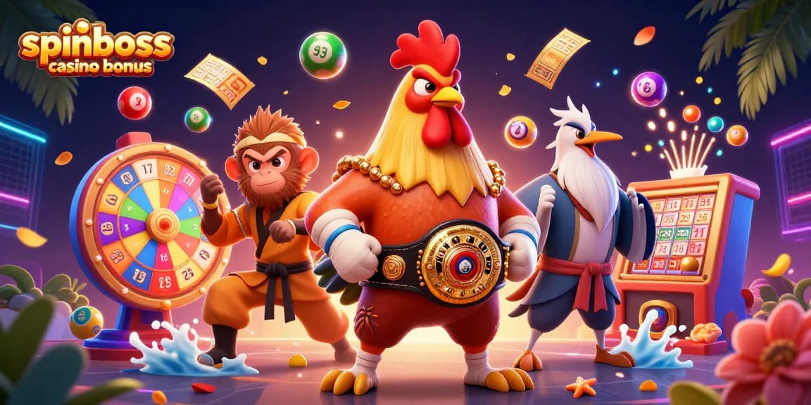 Spinboss Casino Bonus: Hahn, Affe und Kranich feiern mit Casino-Elementen im Hintergrund.