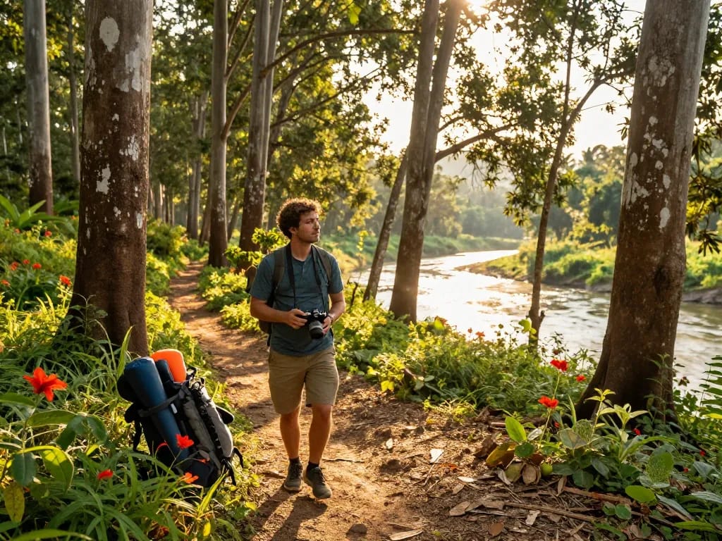 Dandeli adventure traveler exploring lush forests and Kali River at sunset.