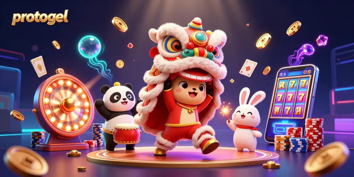 Experience thrilling wins with protogel's vibrant 3D casino scene featuring festive characters and game elements.
