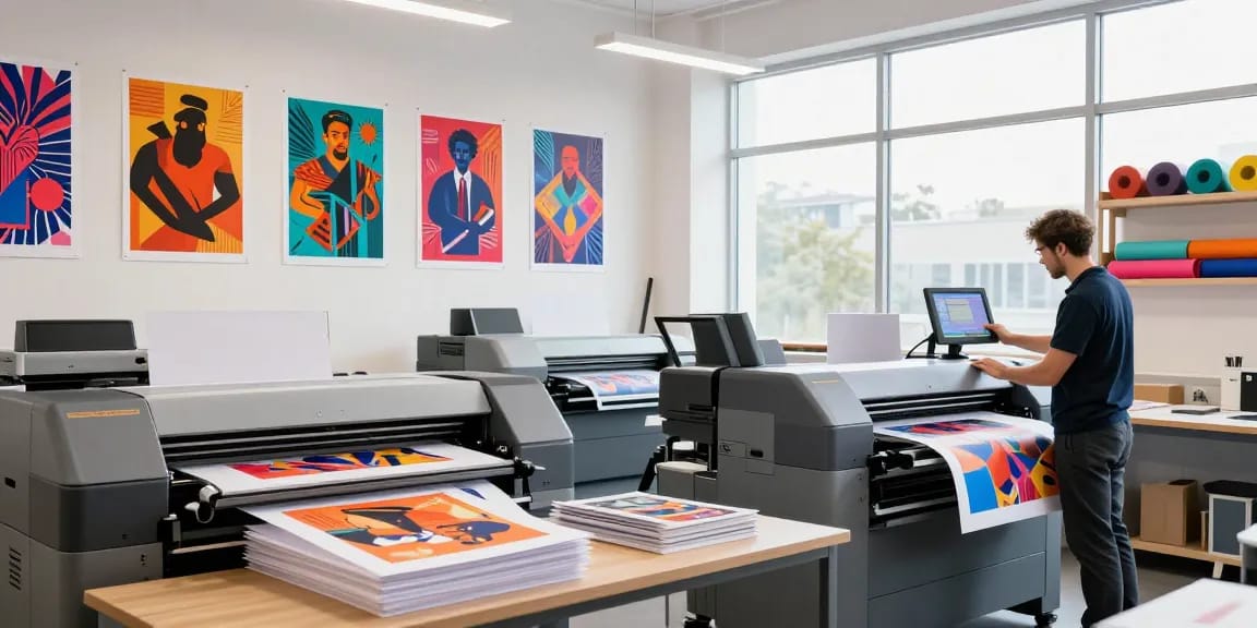 Technician operating poster printer machines in a vibrant print shop environment.