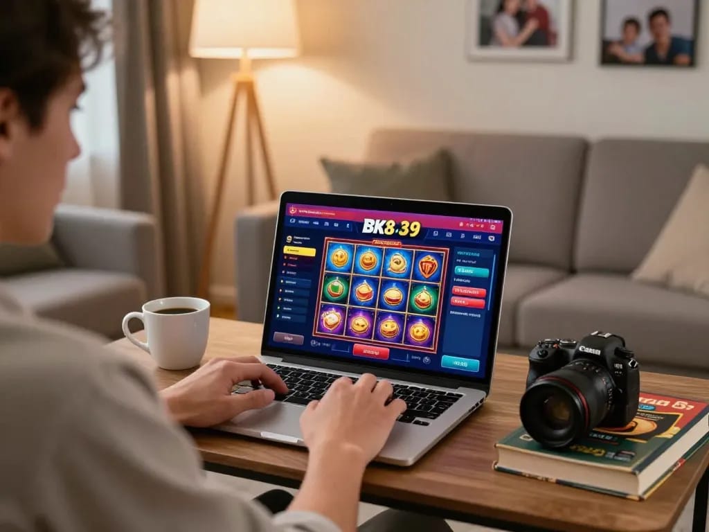 Enjoying an online BK8 gaming experience on a laptop in a cozy living room, featuring engaging slot games.