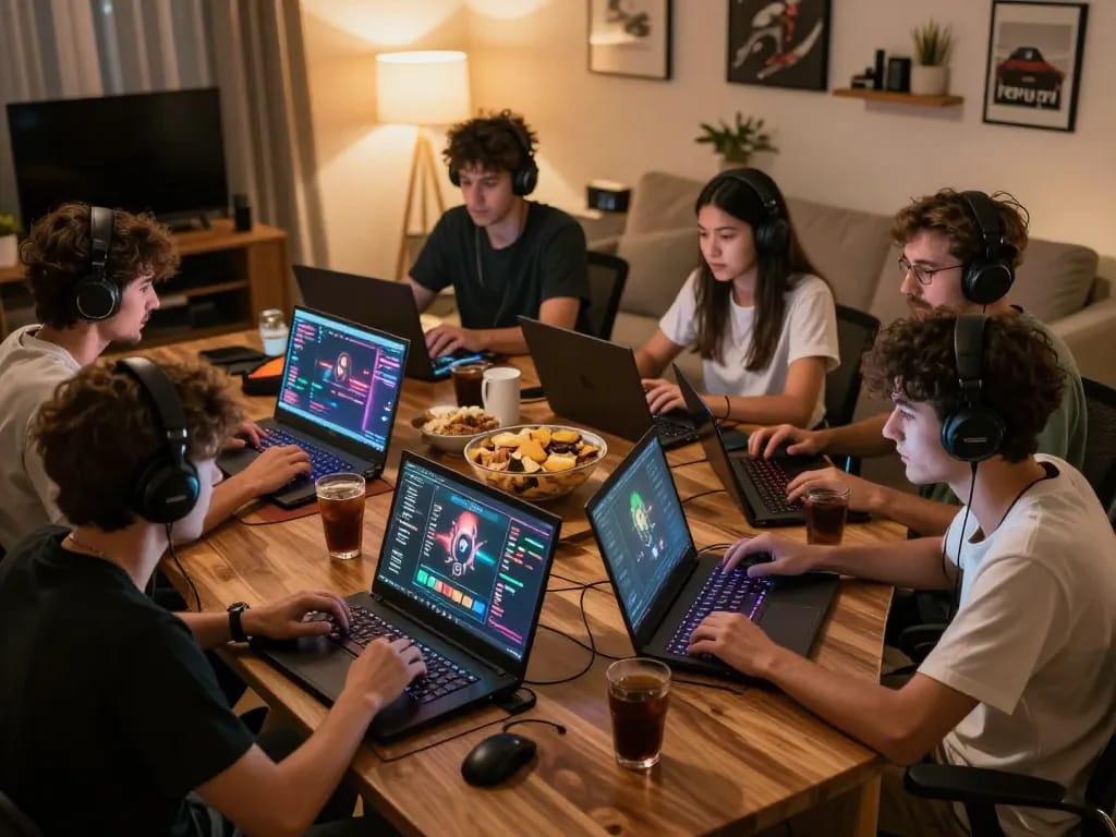 KPK100 gamers competing online in a lively session, showcasing vibrant gaming interface and snacks.