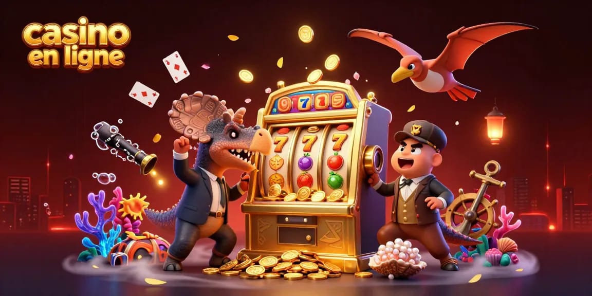 Illustration dynamique mettant en scène un casino en ligne avec un pachycephalosaurus sur une machine à sous dorée, récoltant des pièces d'or.