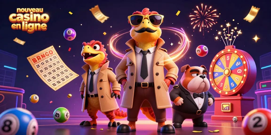 Illustration captivante d'un nouveau casino en ligne avec des personnages animés et des éléments de loterie dynamique.