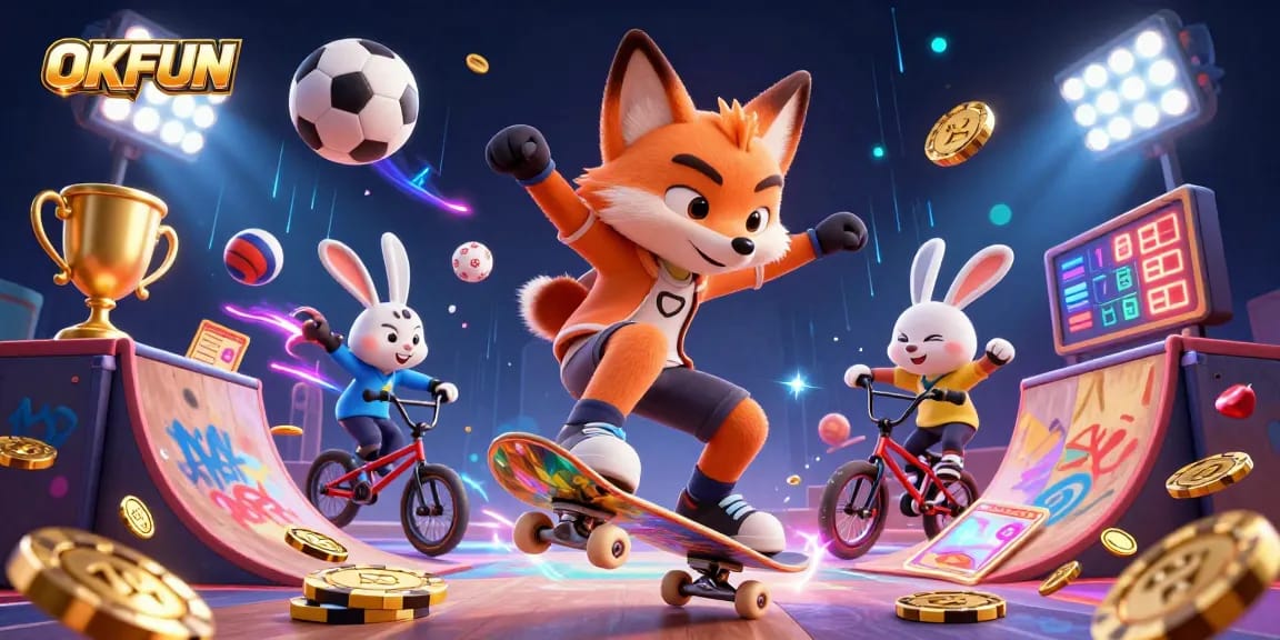 Experience thrilling gaming with OKFUN through a vibrant casino scene featuring dynamic characters and elements.