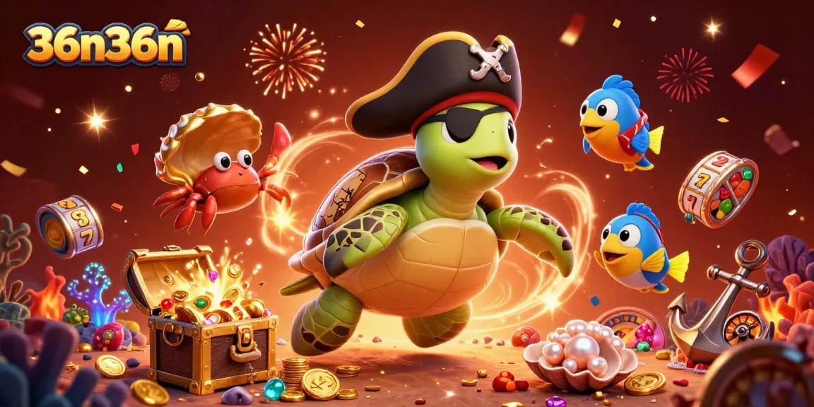 36n36n mostra uma cena de cassino subaquático com uma tartaruga pirata, um caranguejo e um peixe-parló.