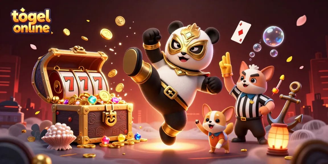 Engage in thrilling togel online action with a vibrant scene featuring a lucha panda and cheering animal crowd.