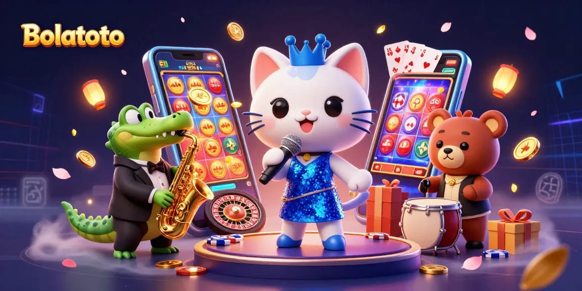 Engage with Bolatoto's vibrant casino scene featuring lively characters and dynamic gaming elements.