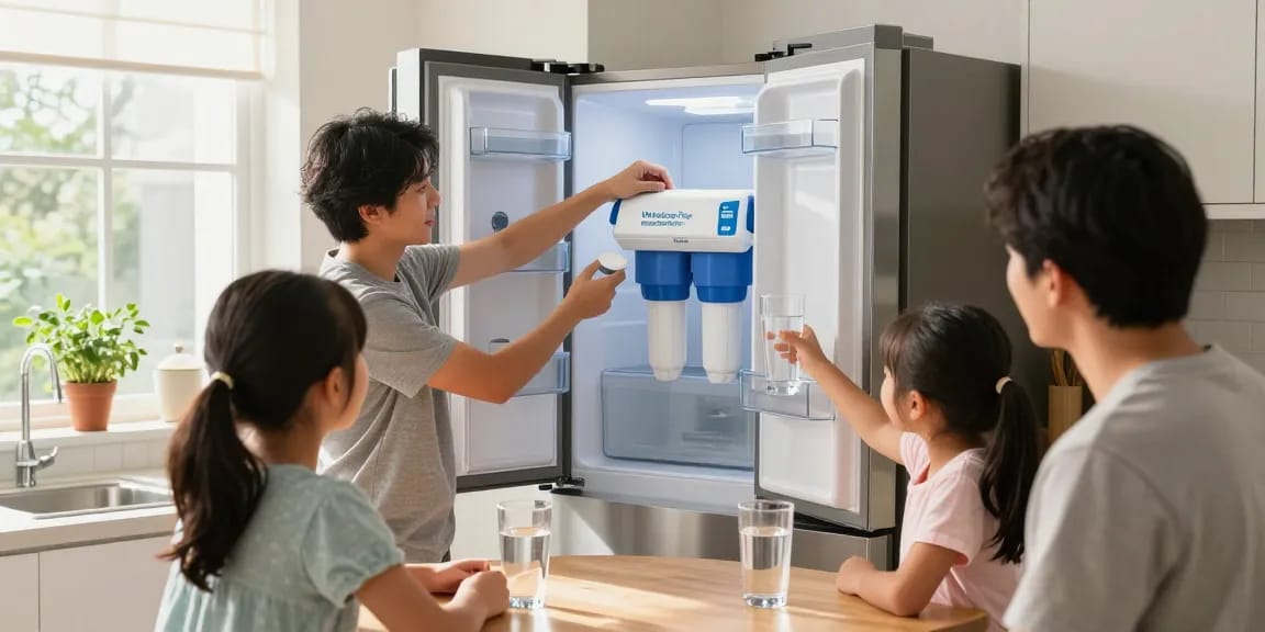 Family demonstrating the Waterdrop Plus XWF Replacement for GE® XWF water filter in a bright kitchen, emphasizing family health.