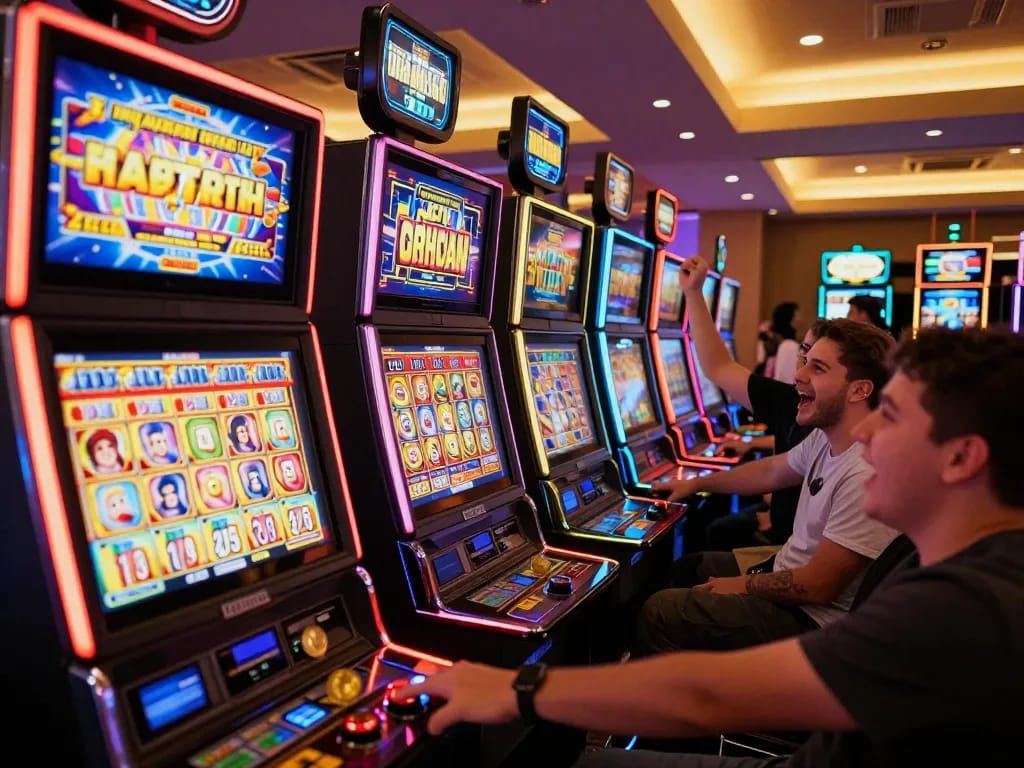 Players celebrating wins while engaging with slots not on Gamstop, showcasing excitement in a lively casino environment.