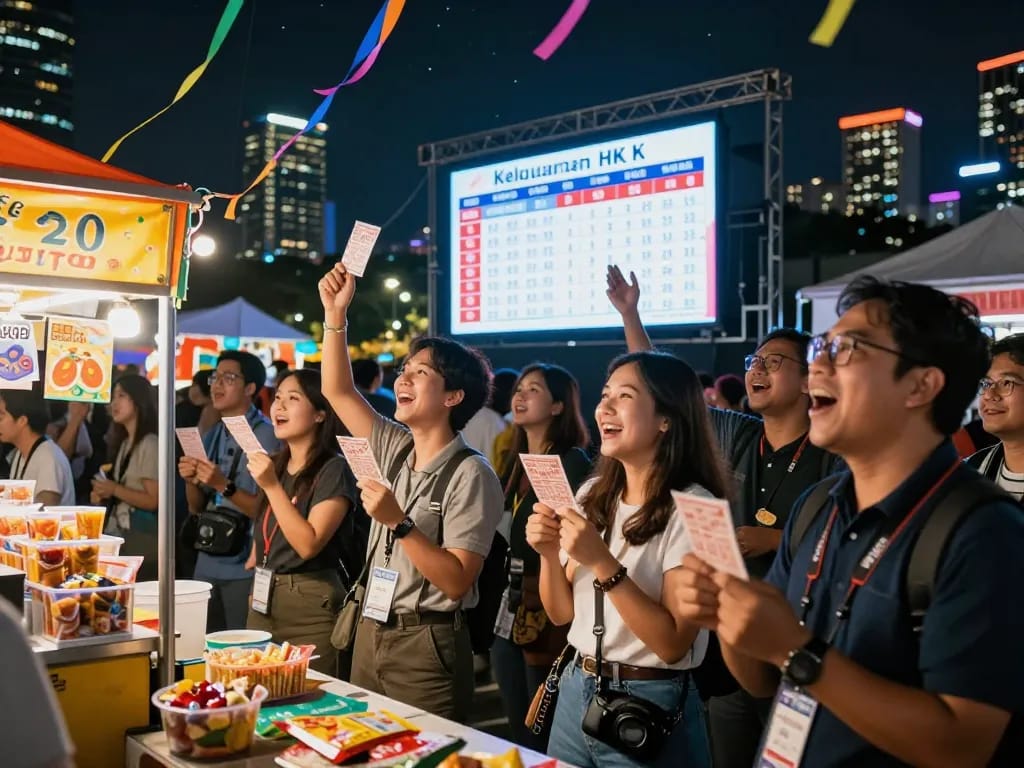 Keluaran HK event with excited players watching lottery results on a big screen in a vibrant city setting.