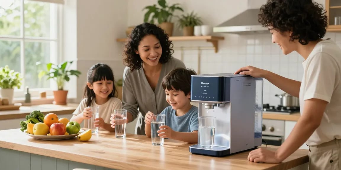 Crisp family enjoying clean water from advanced Water Filtration Systems in a bright modern kitchen.