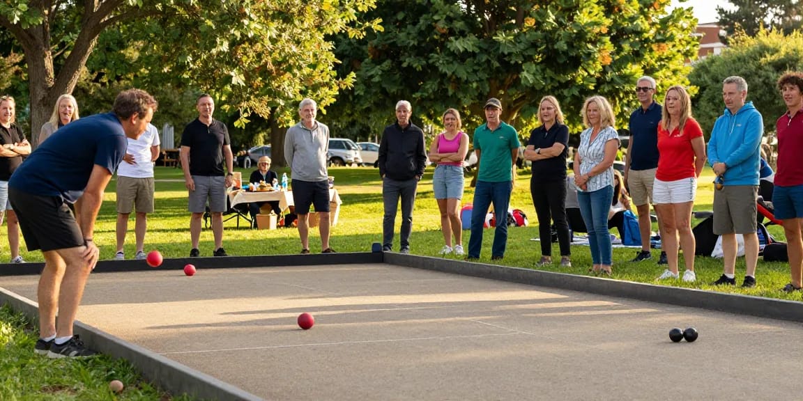 Kompetisi petanque di fopikotapalopo.org dengan pemain beragam di taman, suasana ceria dan penuh semangat.