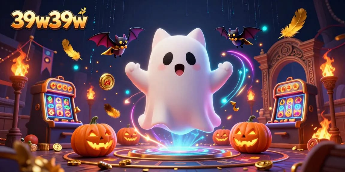 O fantasma gato do 39w39w flutua em um cassino assombrado, cercado por moedas e efeitos elétricos.