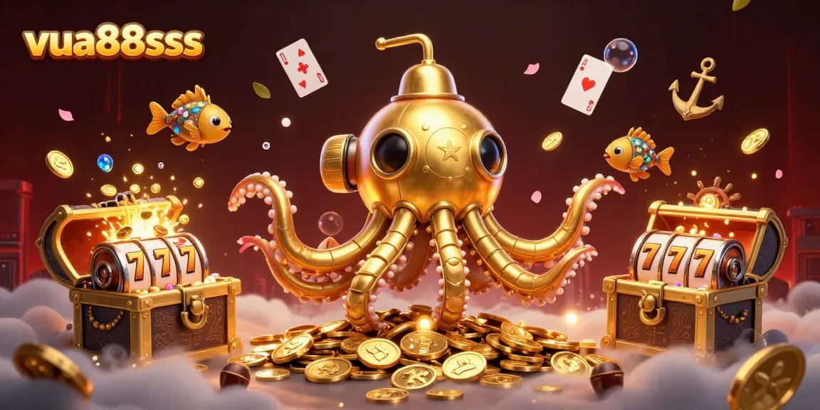Experience the thrilling gameplay at vua88sss with a dynamic scene of a golden kraken submarine amidst exciting casino elements.