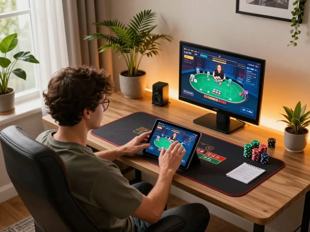 Engaged player using 28bet8 app on tablet with poker game screen, promoting online gaming strategies.