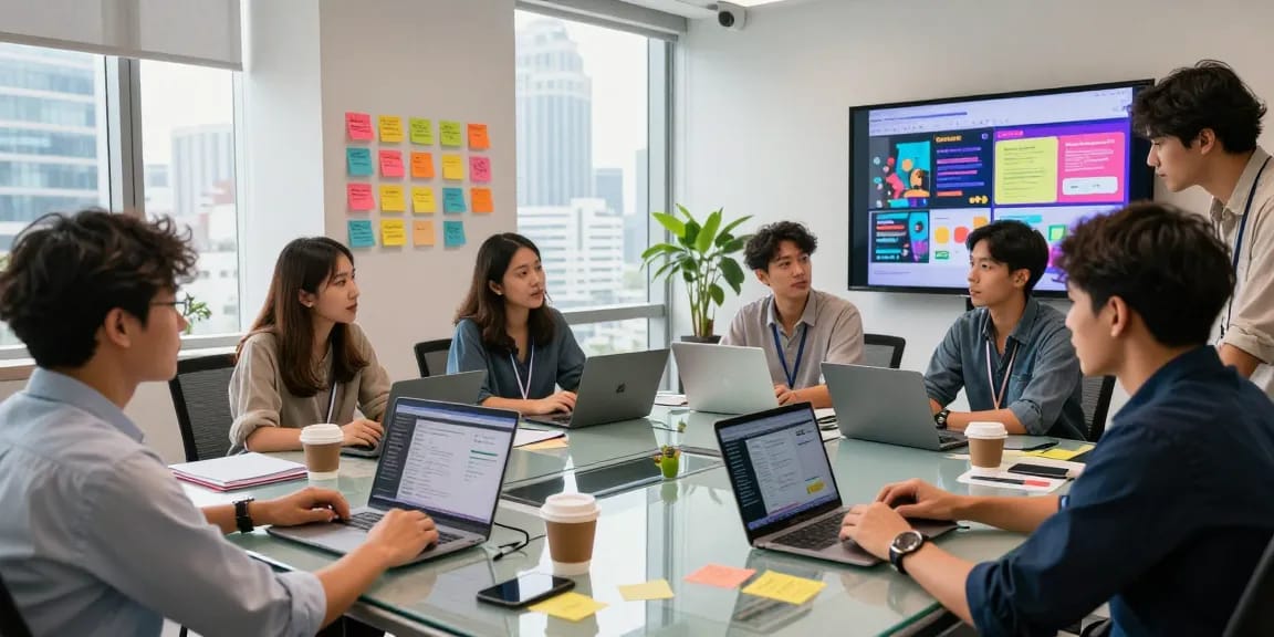 Creative team collaborating at a social media agency KL, developing innovative marketing strategies.
