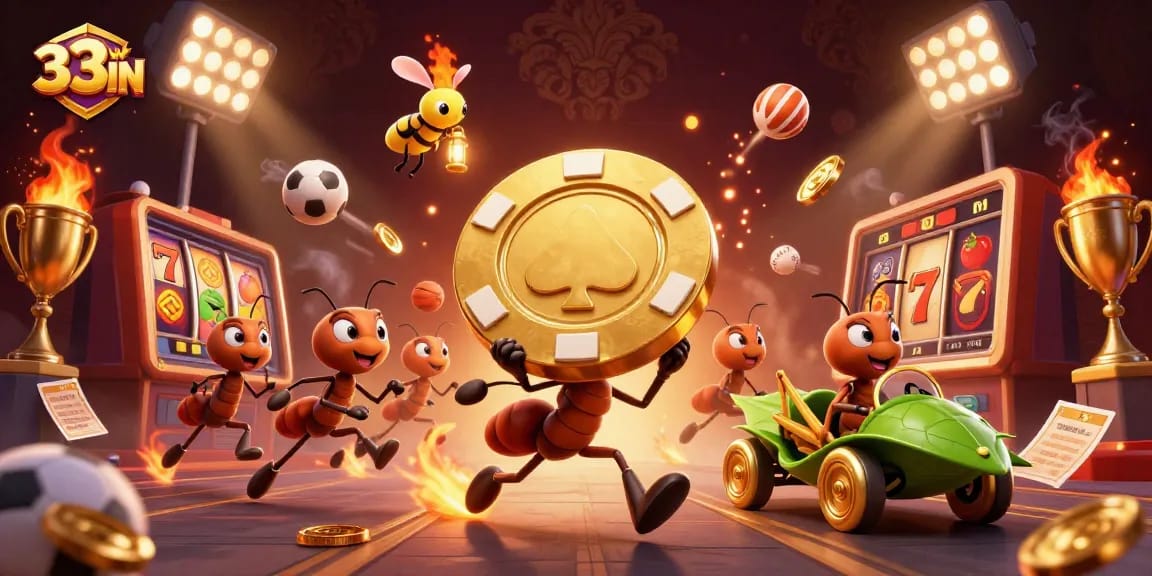 Engage in the thrilling 33WIN heist as 3D animated ants run with a massive golden poker chip.