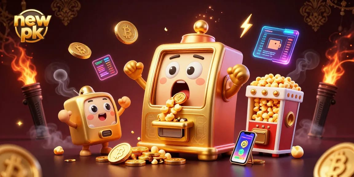 Win big with new pk at the casino as a golden slot machine hits a jackpot amidst vibrant crypto symbols.