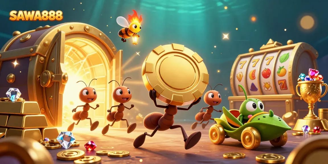 SAWA888 ants executing a casino heist with a giant poker chip in a dynamic, sparkling scene.