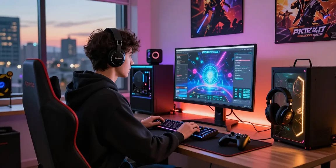 Gamer engaged in pakde4d immersive experience in a modern gaming setup.