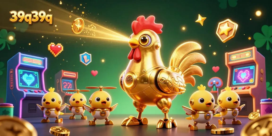 Engage in thrilling gaming with the 39q39q golden rooster robot in a vibrant casino scene.