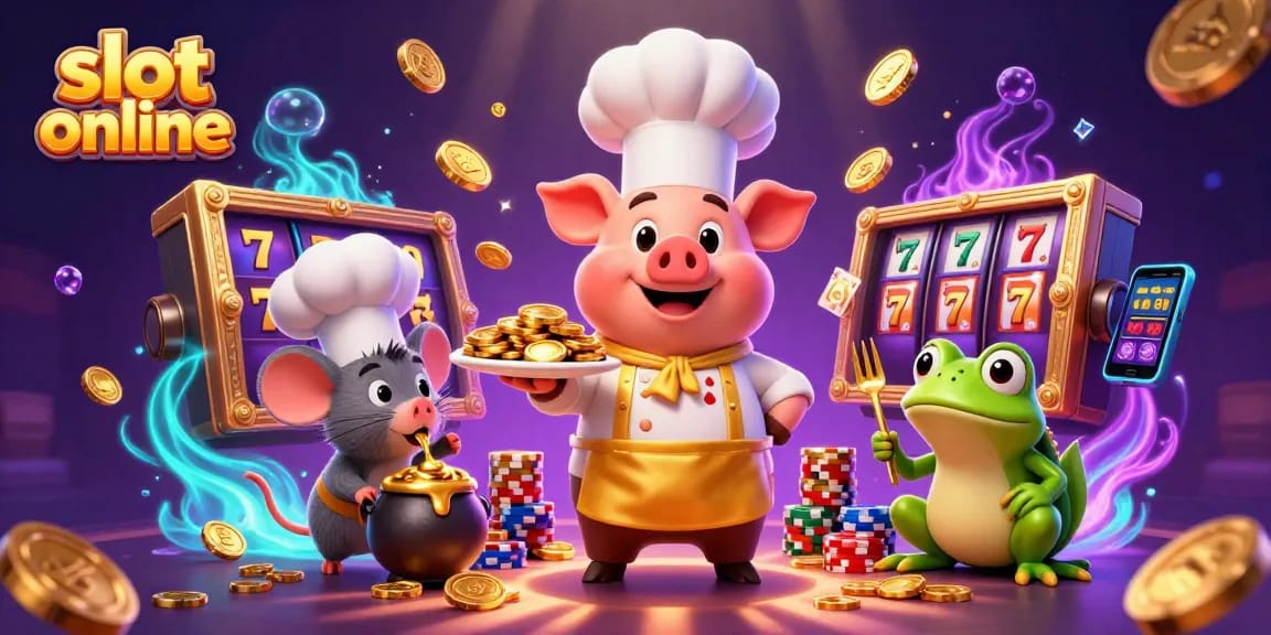 Engage in slot online excitement with 3D cartoon characters enjoying gold coins and jackpots.