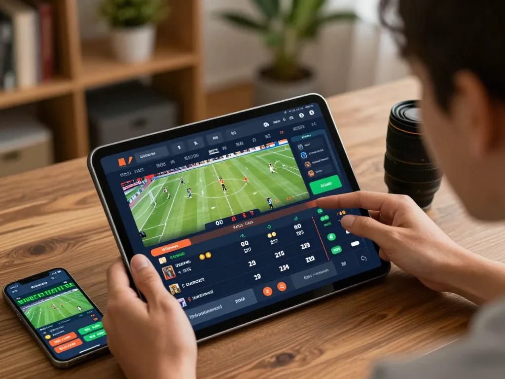 Bongdalu sports betting interface displayed on tablet, user analyzing live odds in home setting.