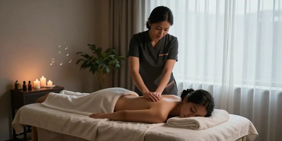 분당스웨디시 마사지 중 모습, 편안한 분위기에서 아로마 오일과 함께 진행되는 치료