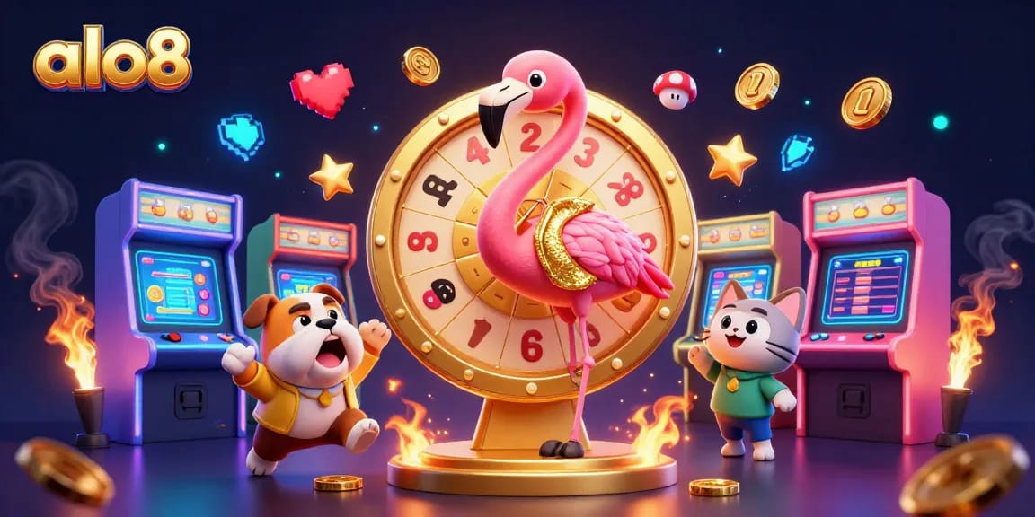 Join the thrill of gaming with alo8 as cartoon characters celebrate in a dynamic casino scene.
