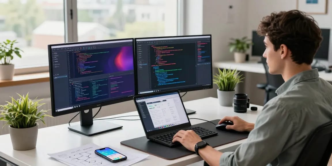 Developer working on telegramin-cn.com in a modern tech workspace with vibrant screens and natural light.