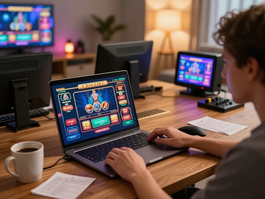 Engaging in a live dealer game on king33, showcasing a dynamic online gambling experience with modern gaming setup.