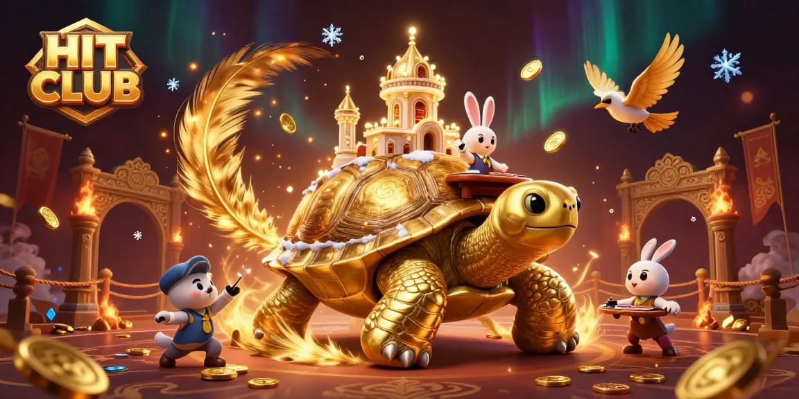 Experience the thrill of HIT CLUB with a vibrant 3D illustration showcasing a golden tortoise casino and lively action.
