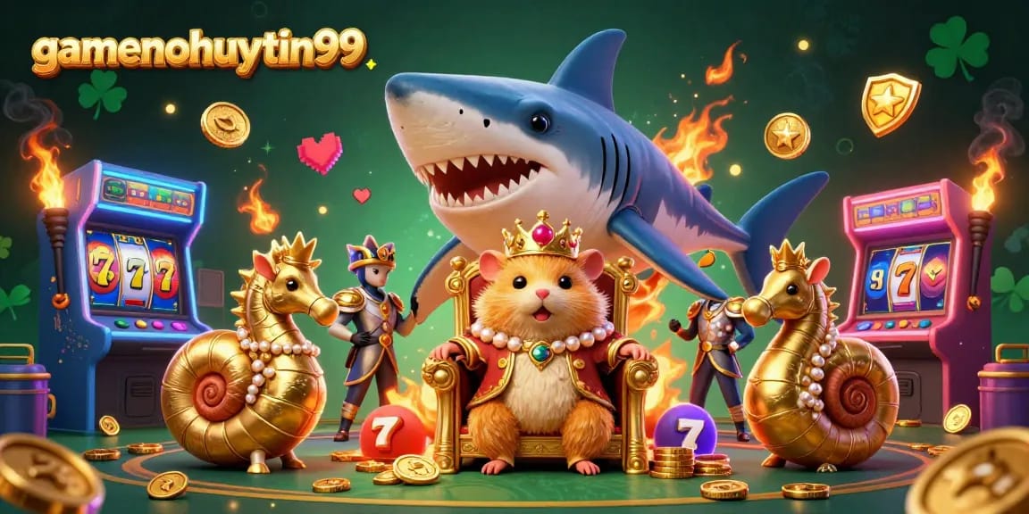Engage with gamenohuuytin99 through vibrant casino scenes featuring a hamster king and slot machines.