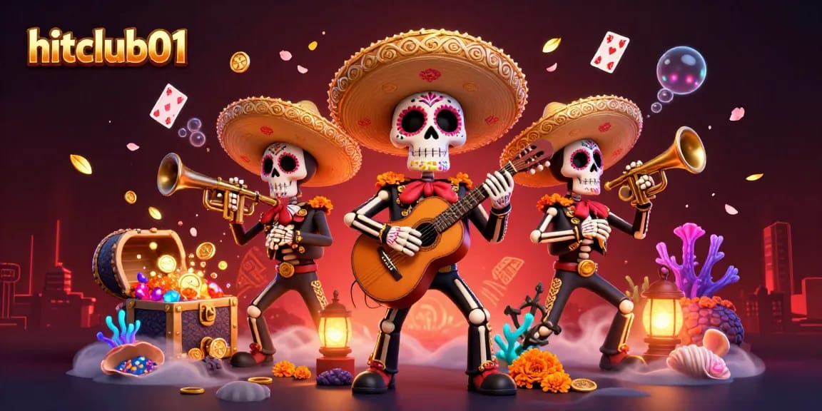 Experience hitclub01 with vibrant skeleton mariachi band in a lively casino setting filled with treasures.