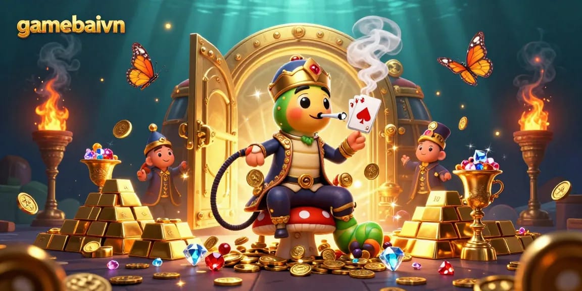 Experience gamebaivn poker action with vibrant visuals showcasing a playful caterpillar master in a royal theme.