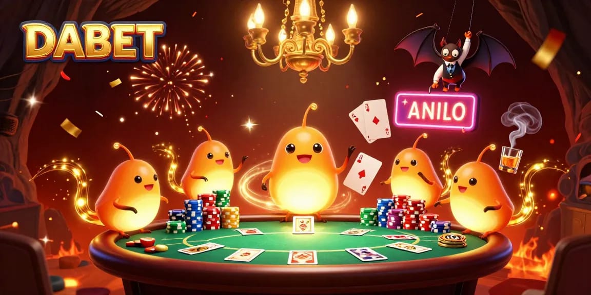 DABET casino scene with glowworms illuminating a poker table and bat dealer in an enchanting cave.