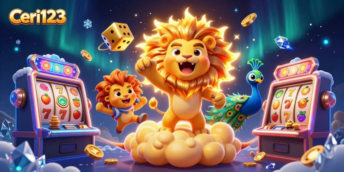 Experience the thrill of winning with Ceri123, showcasing vibrant slot machines and a roaring sun lion.