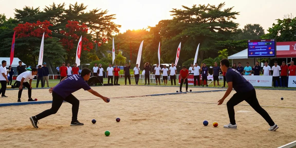 FOPI Kota Parepare dalam turnamen petanque di luar ruangan, menciptakan suasana olahraga yang kompetitif dan mengasyikkan.