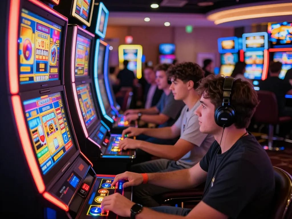 Interaksi situs togel ditangkap dengan pemain memutar mesin slot yang penuh warna di kasino yang ramai.