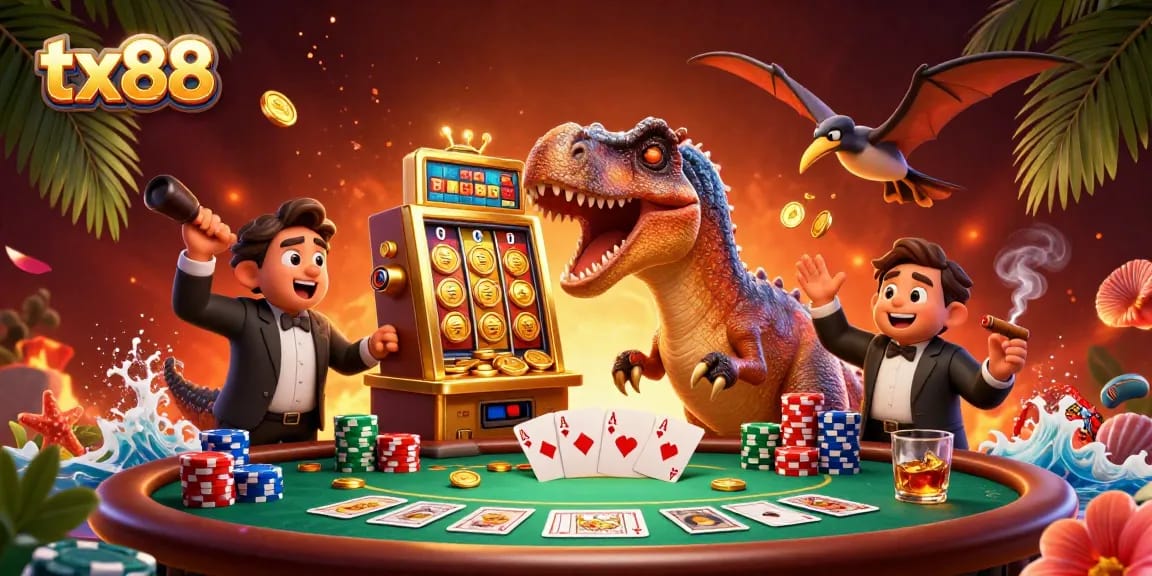 Experience thrilling tx88 gameplay as a dinosaur wins jackpots and coins rain down in a lively casino scene.