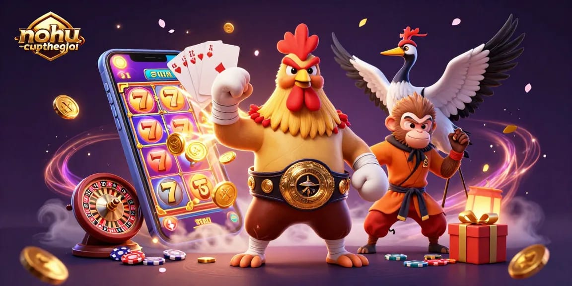 Nohu-cupthegioi features colorful slot games and dynamic casino elements in a vibrant 3D scene.