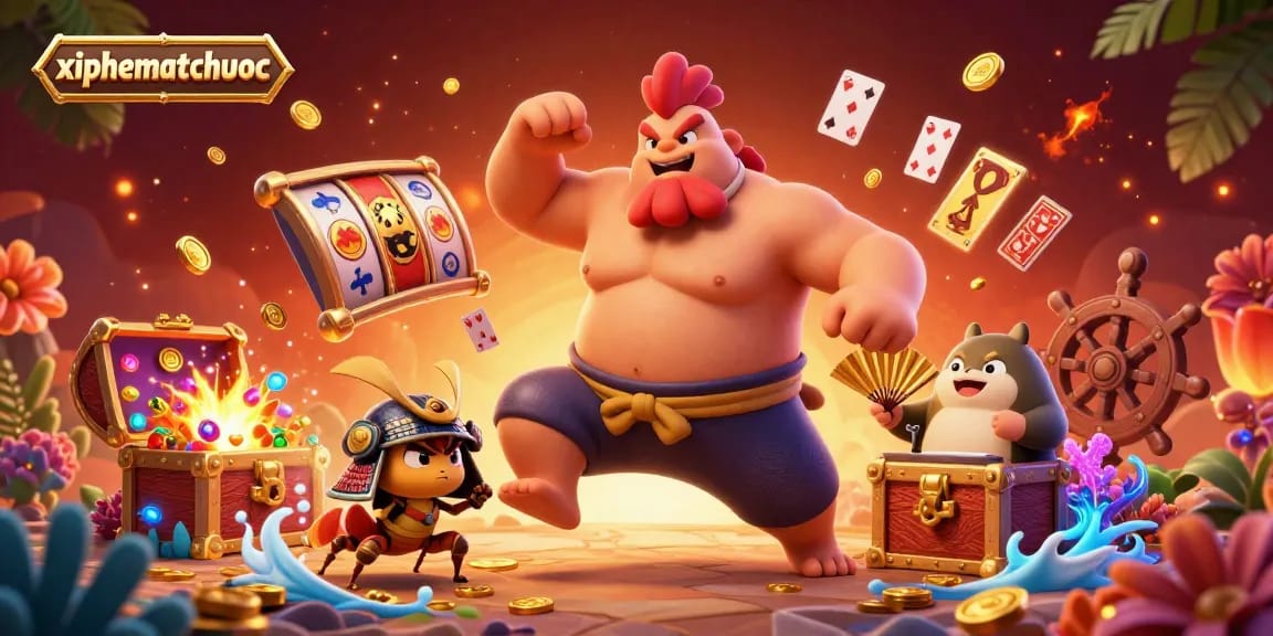xiphematchuoc features a powerful rooster sumo wrestler, fierce samurai cricket, and tanuki announcer amidst dynamic casino action.