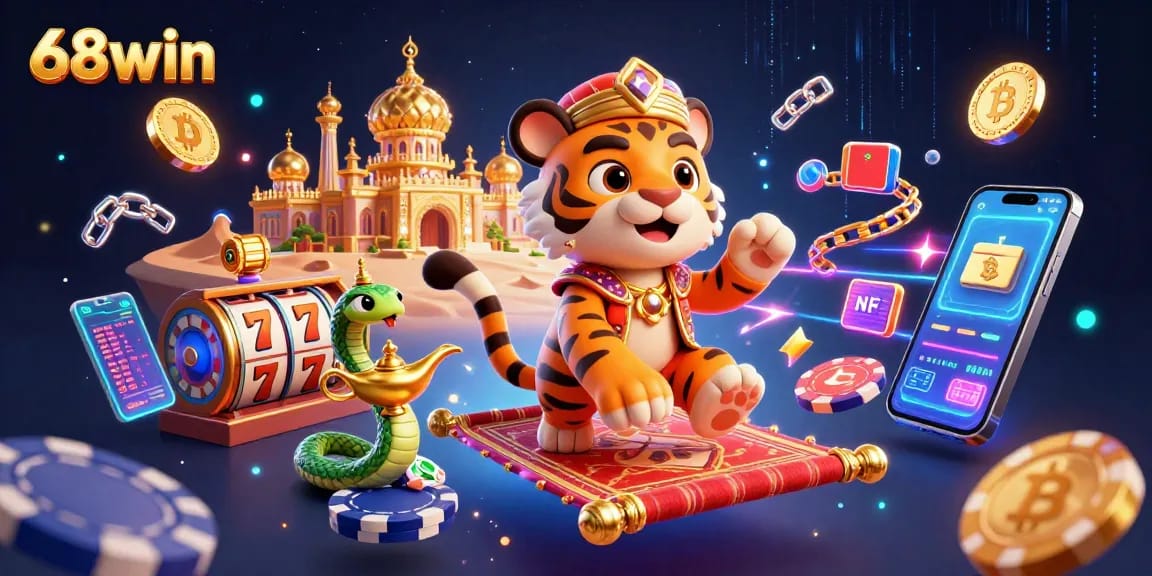 Engage with 68win's vibrant casino illustration featuring an Arabian Nights-themed character amidst slots and cryptocurrencies.