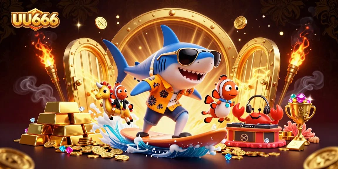 Jump into the excitement of UU666 as a shark surfs gold coins, highlighting thrilling casino vibes!
