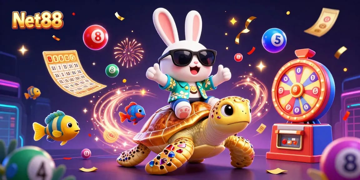 Experience exciting games at Net88 with a vibrant scene featuring a lucky rabbit and a golden turtle.