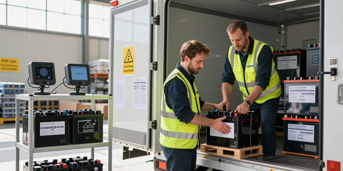 Batterie Transport von Dortmund: ADR-zertifizierter Fahrer lädt Lithium-Batterien in Transportfahrzeug mit Sicherheitsausrüstung.
