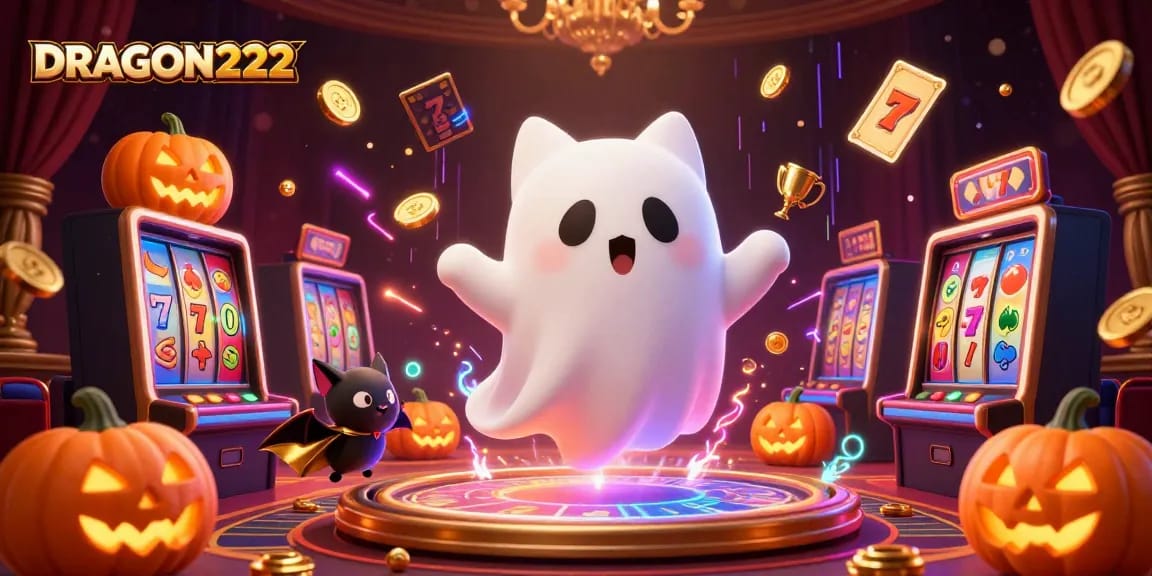 Engage with DRAGON222 for exciting slot gaming featuring a friendly ghost cat and vibrant elements.